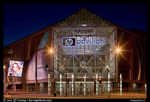 HP Pavilion and street at night. San Jose, California, USA (color)