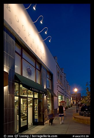 Books Inc bookstore and cafe at night, Castro Street, Mountain View. California, USA