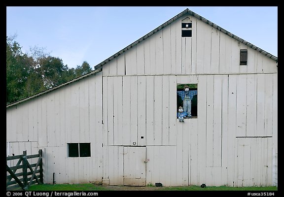 Barn with figures in window and cats, Happy Hollow Farm, Rancho San Antonio Park, Los Altos. California, USA (color)