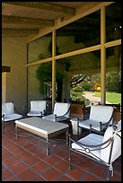 Chairs and coffee table on porch, Sunset Gardens. Menlo Park,  California, USA (color)