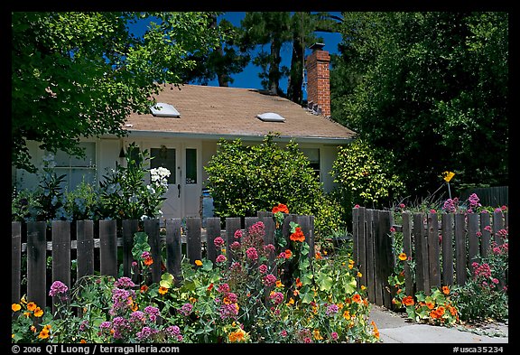 House with flowers in front yard. Menlo Park,  California, USA (color)