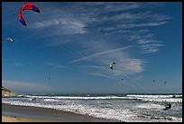 Kite surfers and coastline, Waddell Creek Beach. California, USA