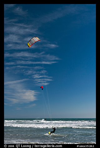 Kite surfers, waves, and ocean, Waddell Creek Beach. California, USA