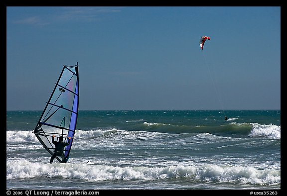 Windsurfer and kitesurfer, Waddell Creek Beach. California, USA (color)
