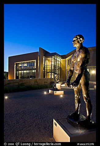 Rodin sculpture and Cantor Museum at night. Stanford University, California, USA