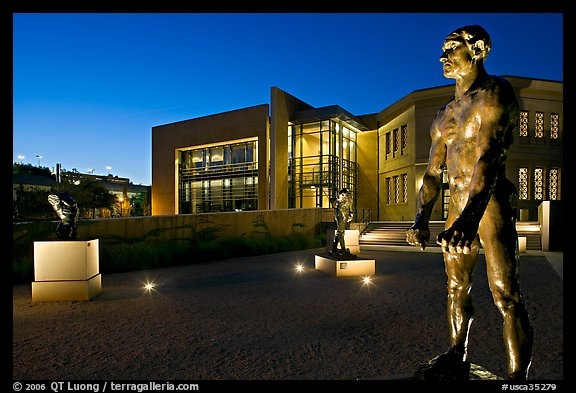 Rodin sculptures and Cantor Art Museum at night. Stanford University, California, USA (color)