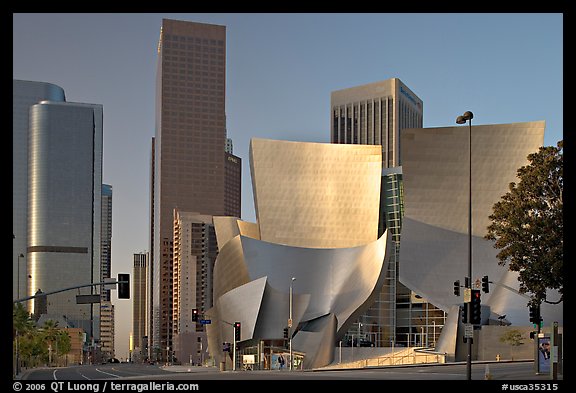 Walt Disney Concert Hall and high rise towers. Los Angeles, California, USA (color)