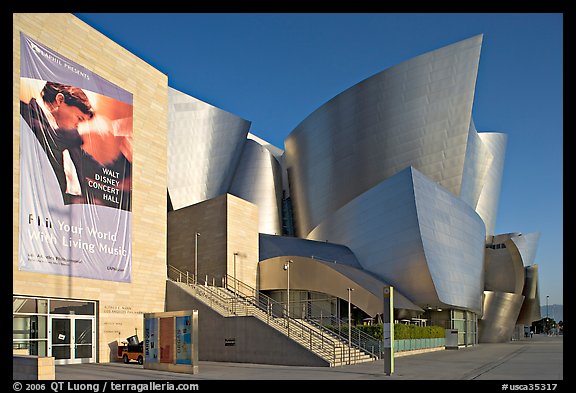 LA Philarmonic sign and concert hall, early morning. Los Angeles, California, USA