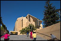 Families climbing stairs towards Cathedral of our Lady of the Angels. Los Angeles, California, USA (color)