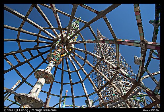 Tower seen from Gazebo, Watts Towers. Watts, Los Angeles, California, USA (color)