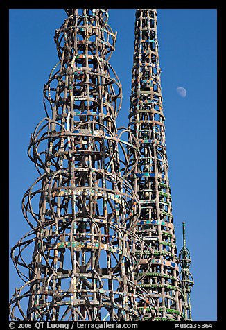 Watts towers and moon. Watts, Los Angeles, California, USA