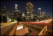 Bridge, Harbor Freeway, and skyline at night. Los Angeles, California, USA (color)