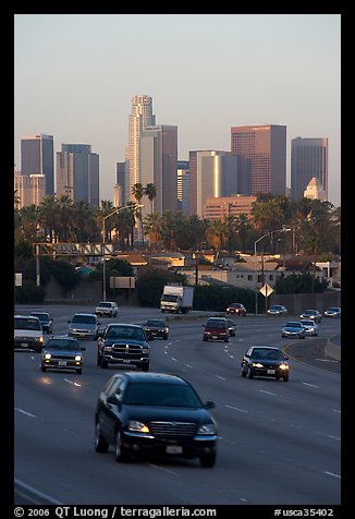 Freeway and skyline, early morning. Los Angeles, California, USA