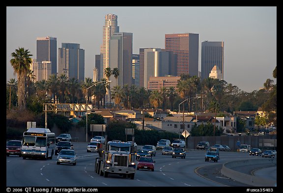 Traffic on freeway and skyline, early morning. Los Angeles, California, USA