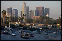 Traffic on freeway and skyline, early morning. Los Angeles, California, USA (color)