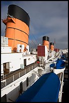 Smokestacks and liferafts, Queen Mary. Long Beach, Los Angeles, California, USA (color)