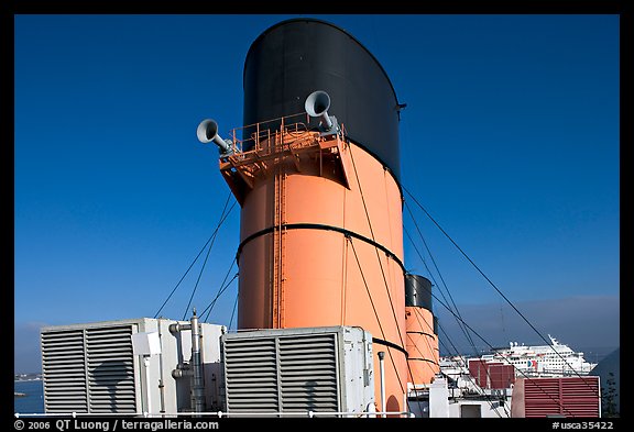 Chimneys and air input grids on the Queen Mary liner. Long Beach, Los Angeles, California, USA