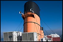 Chimneys and air input grids on the Queen Mary liner. Long Beach, Los Angeles, California, USA (color)