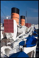 Chimneys, and life rafts aboard the Queen Mary liner. Long Beach, Los Angeles, California, USA (color)