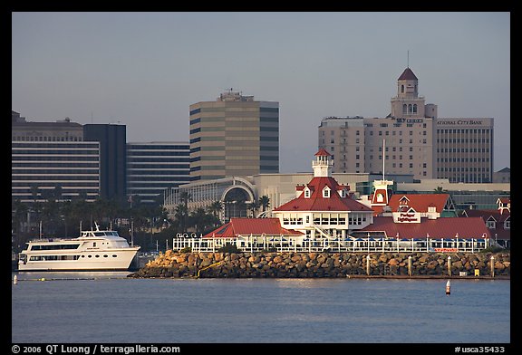 Parkers Lighthouse and skyline. Long Beach, Los Angeles, California, USA