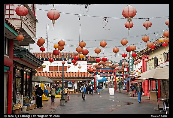 Lanterns and pedestrian street in rainy weather,  Chinatown. Los Angeles, California, USA (color)