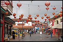 Lanterns and pedestrian street in rainy weather,  Chinatown. Los Angeles, California, USA ( color)