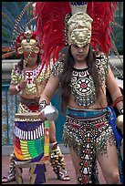 Aztec dancers performing, El Pueblo historic district. Los Angeles, California, USA (color)