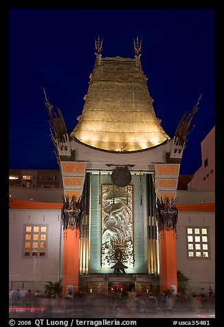 Main gate of Grauman Chinese Theatre at night. Hollywood, Los Angeles, California, USA (color)