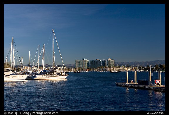 Yachts, marina, and hills, early morning. Marina Del Rey, Los Angeles, California, USA