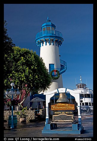 Fishermans village sign and lighthouse. Marina Del Rey, Los Angeles, California, USA