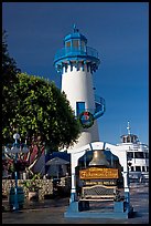 Fishermans village sign and lighthouse. Marina Del Rey, Los Angeles, California, USA (color)