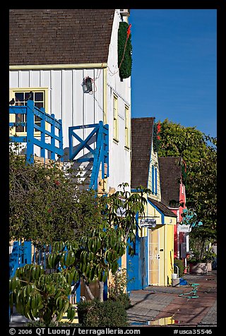 Brighly painted houses, Fishermans village. Marina Del Rey, Los Angeles, California, USA