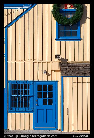 Wooden house with bright blue door. Marina Del Rey, Los Angeles, California, USA (color)