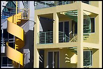 Facade of beach houses with spiral staircase. Santa Monica, Los Angeles, California, USA (color)