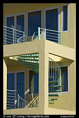 Spiral staircase and balconies on beach house. Santa Monica, Los Angeles, California, USA
