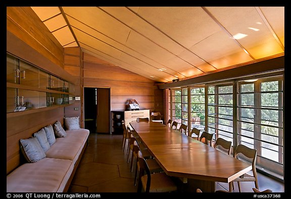 Dining room, Hanna House, a Frank Lloyd Wright masterpiece. Stanford University, California, USA (color)