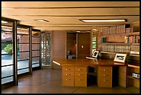 Library and study, Hanna House, a Frank Lloyd Wright masterpiece. Stanford University, California, USA (color)