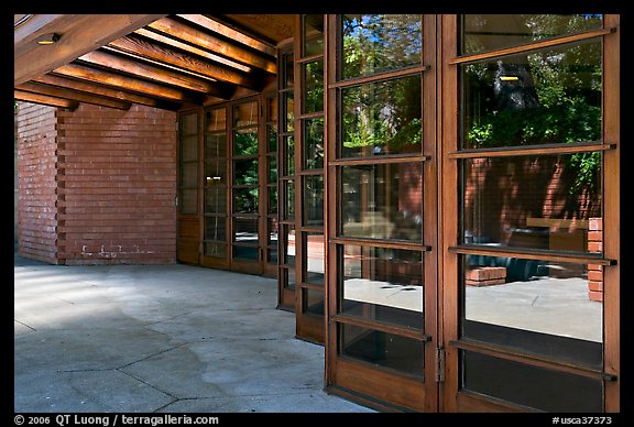 Windows outside the Library, Hanna House, designed by Frank Lloyd Wright. Stanford University, California, USA (color)