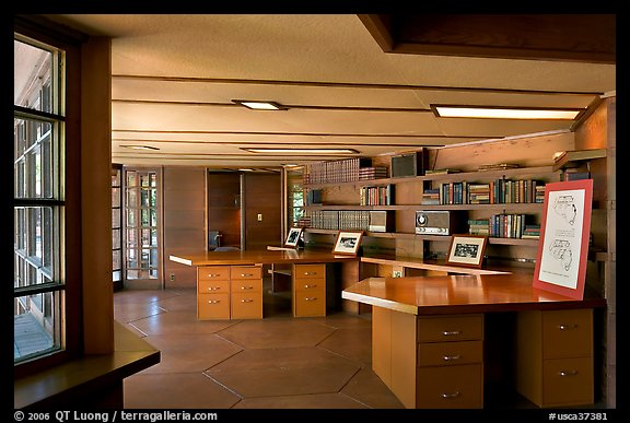 Library with fireplace,  Frank Lloyd Wright Honeycomb House. Stanford University, California, USA (color)