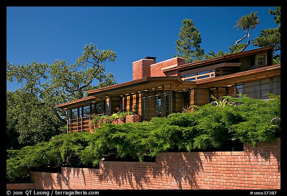 Facade and trees, Frank Lloyd Wright Honeycomb House. Stanford University, California, USA (color)