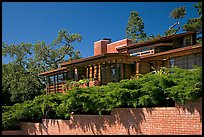 Facade and trees, Frank Lloyd Wright Honeycomb House. Stanford University, California, USA