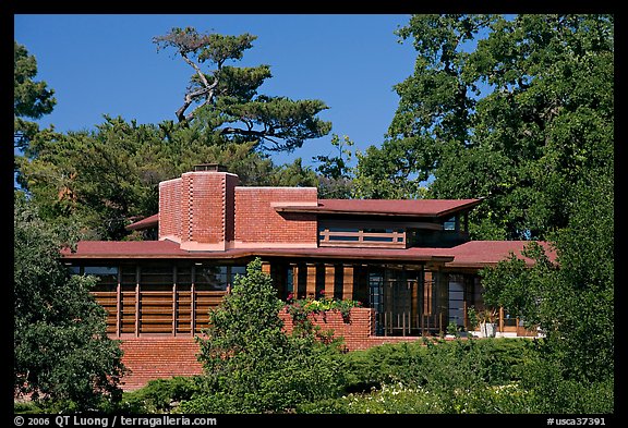 Facade , Hanna House, a Frank Lloyd Wright masterpiece. Stanford University, California, USA (color)