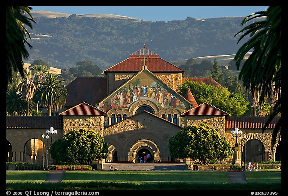 Memorial Church, main Quad, and foothills. Stanford University, California, USA (color)