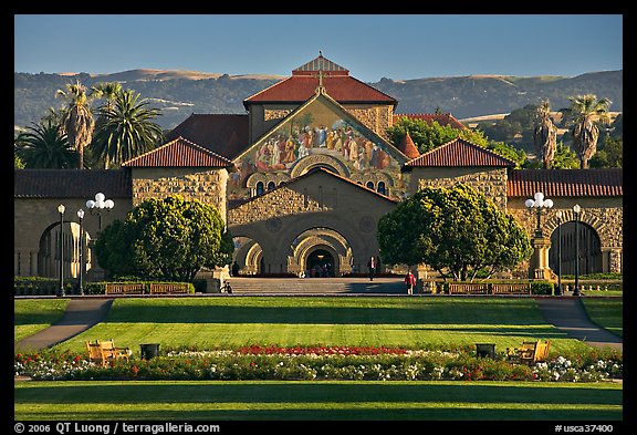 Lawn, main Quad, and Memorial Chapel. Stanford University, California, USA (color)