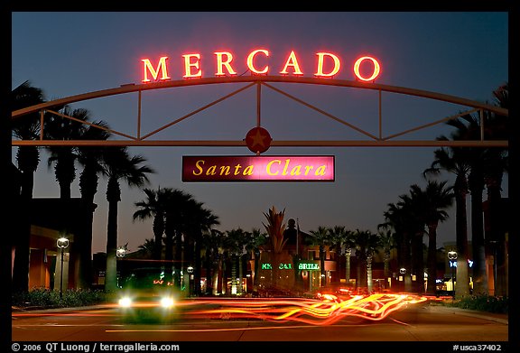 Entrance of the Mercado Shopping Mall at night. Santa Clara,  California, USA (color)