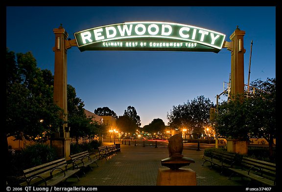 Broadway Street with Best Climate neon sign at dusk. Redwood City,  California, USA (color)