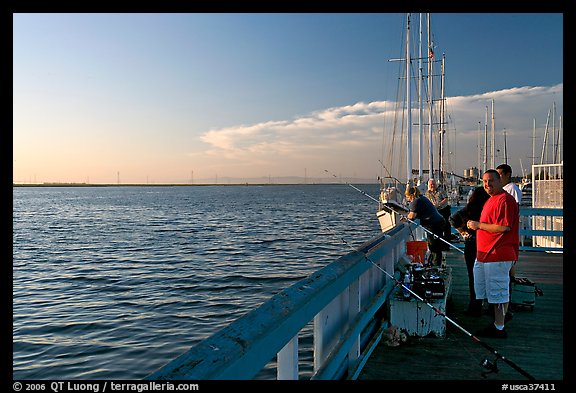 Fishing in the Port of Redwood, late afternoon. Redwood City,  California, USA (color)