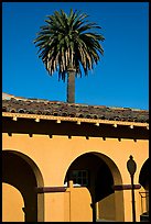 Palm tree and arches, historical train depot. Burlingame,  California, USA (color)