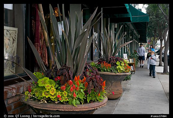 Flowers on Main Street, with family strolling by. Half Moon Bay, California, USA (color)