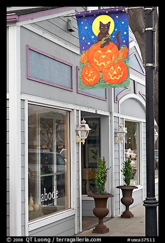 Storefront on Main Street with Halloween street decor. Half Moon Bay, California, USA